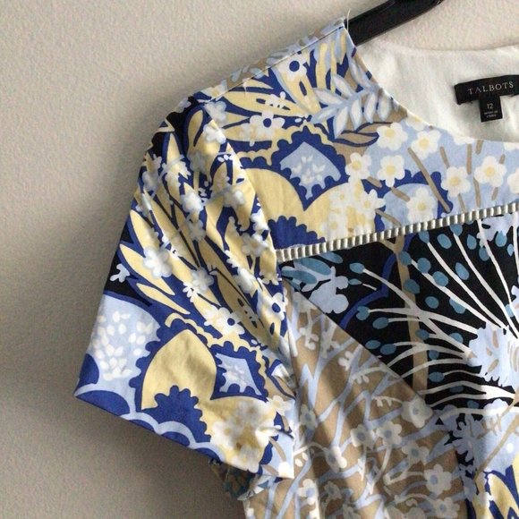 Talbots Women 12 Blue Multi Botanical Garden Flare Hem Short Sleeve Sheath Dress - Picture 7 of 10